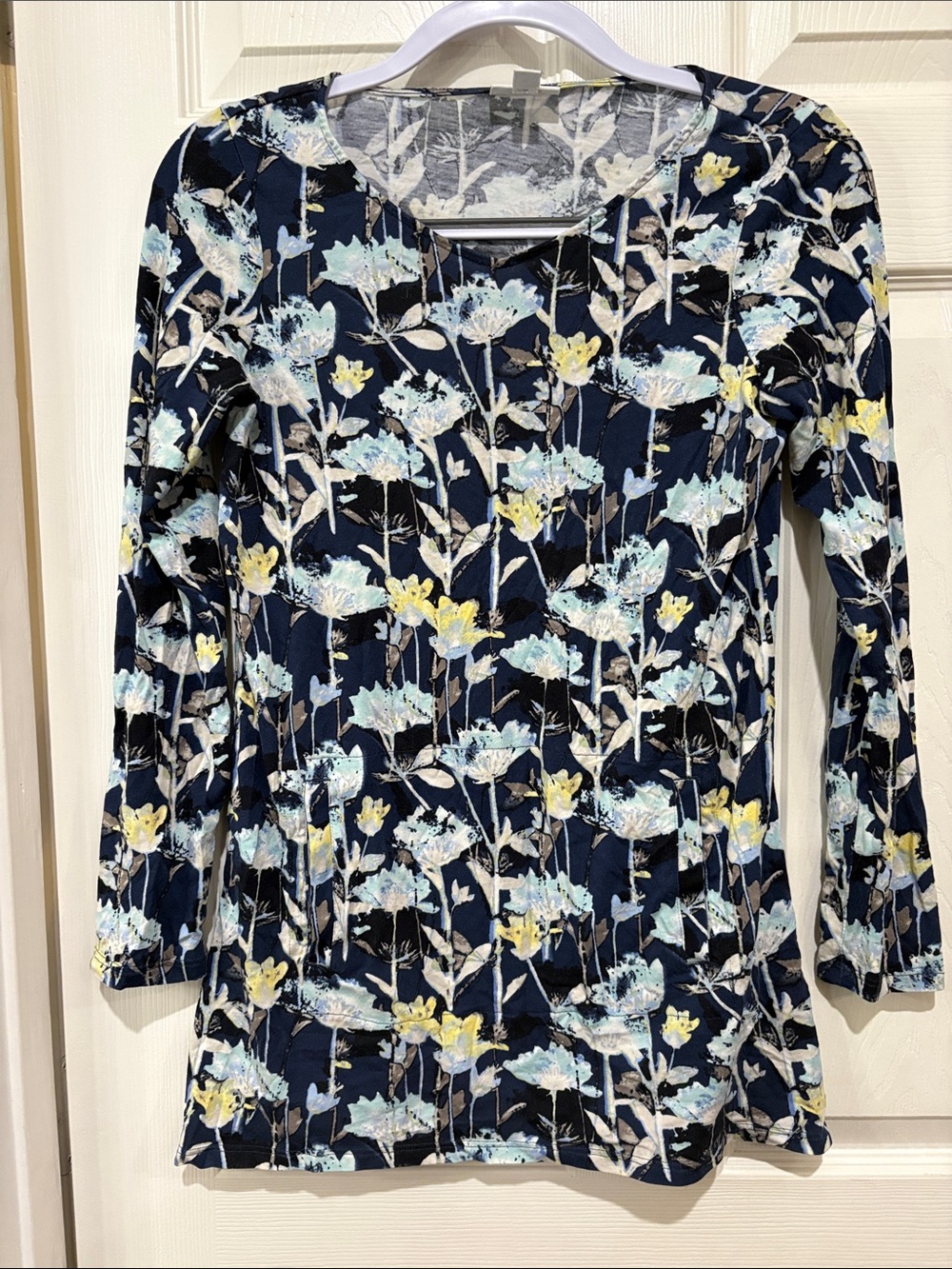 J Jill/Pure Jill Navy Floral Long Sleeve Top with Pale Blue & Yellow Blooms